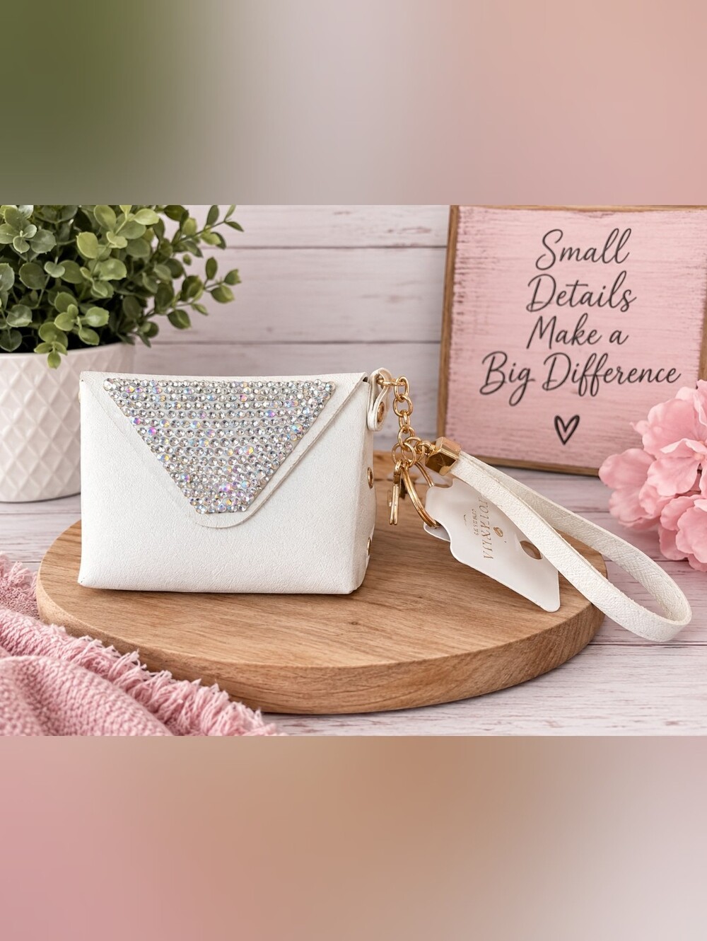 Crystal Accent White Wristlet Key Pouch